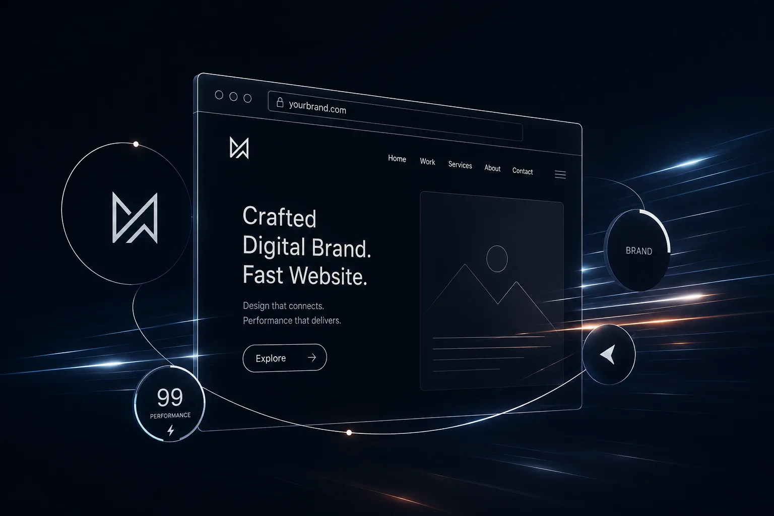 Stylized dark browser window with an orbiting brand mark and a high performance score