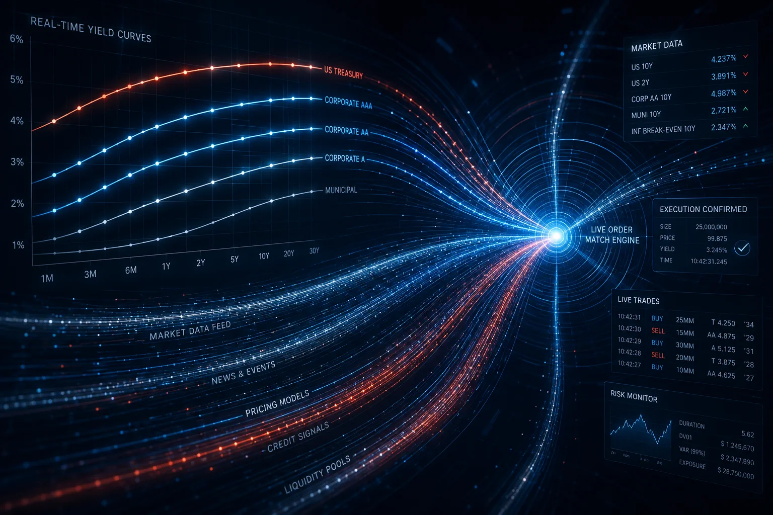 Abstract real-time yield curves and order flow converging on a live matching engine