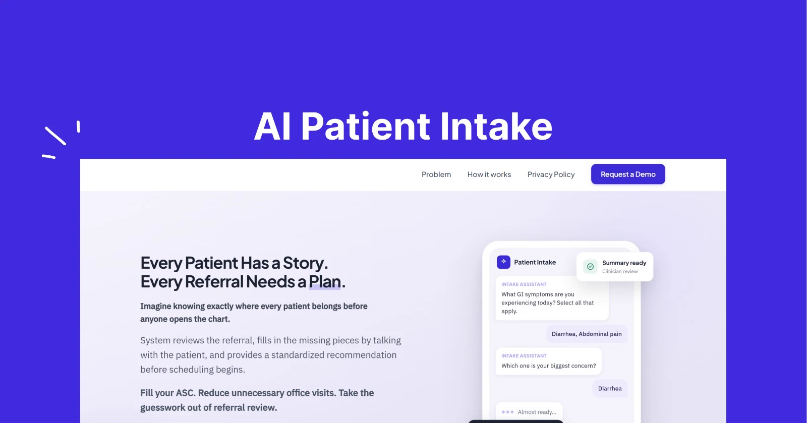 An AI patient-intake assistant guiding a patient through symptom questions, with a clinician-review summary
