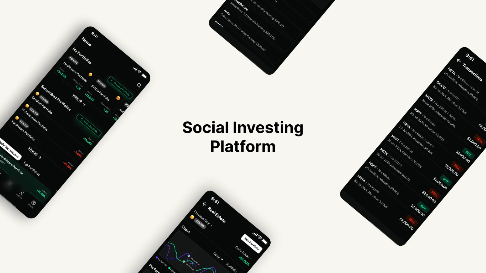 A social-investing mobile app: subscribed portfolios with live returns, a performance chart, and a transactions feed